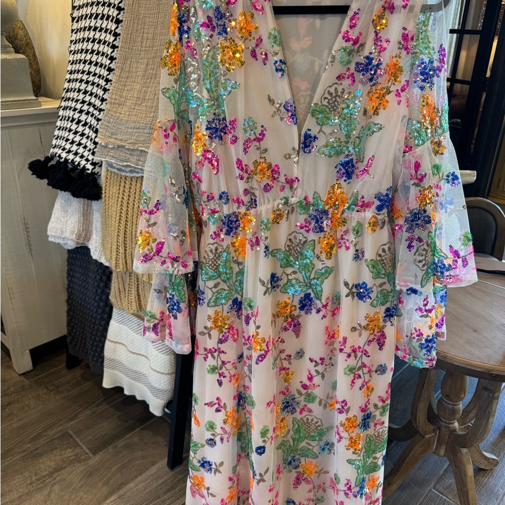 Buddy Love Colette Maxi dress. Base color white, colorful sequins!